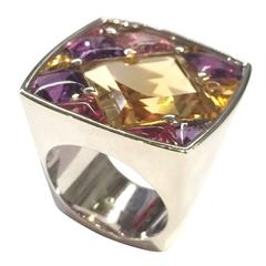 Chanel Amethyst Citrine Tourmaline Gold "Matelasse" Ring 9