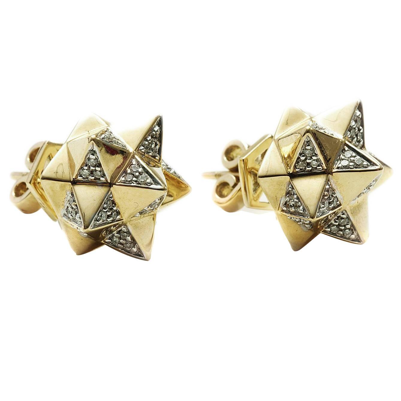 Round Cut John Brevard Tetra Diamond Gold Stud Earrings For Sale
