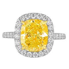 4.76 Carat Cushion GIA Certified Fancy Vivid Yellow Diamond Two Color Gold Ring 7