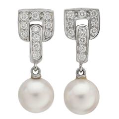 Tiffany Pearl Diamond Platinum Drop Earrings
