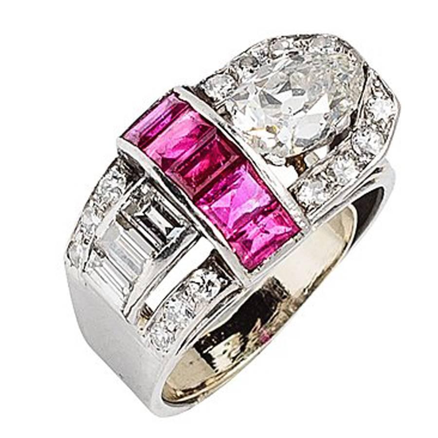 Art Deco 1.25 Carat F-G Diamond Ruby Platinum Buckle Ring For Sale