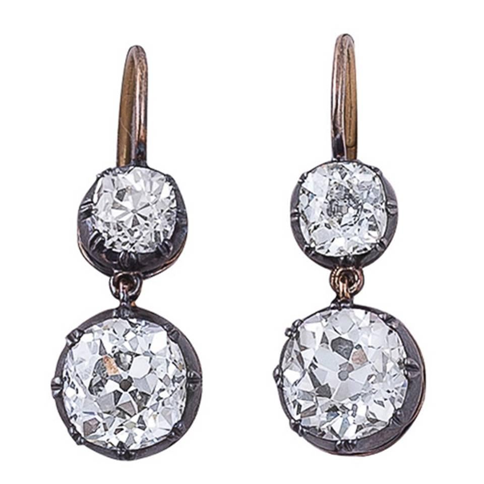 Victorian 8.31 Carats Diamond, Silver & Gold Two-Stone Earrings For Sale