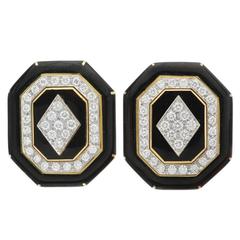 David Webb Black Onyx Diamond Gold Platinum Earclips