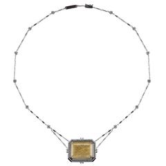 Emerald Cut Rutilated Quartz Pendant Necklace with Bezel-Set Diamond Chain