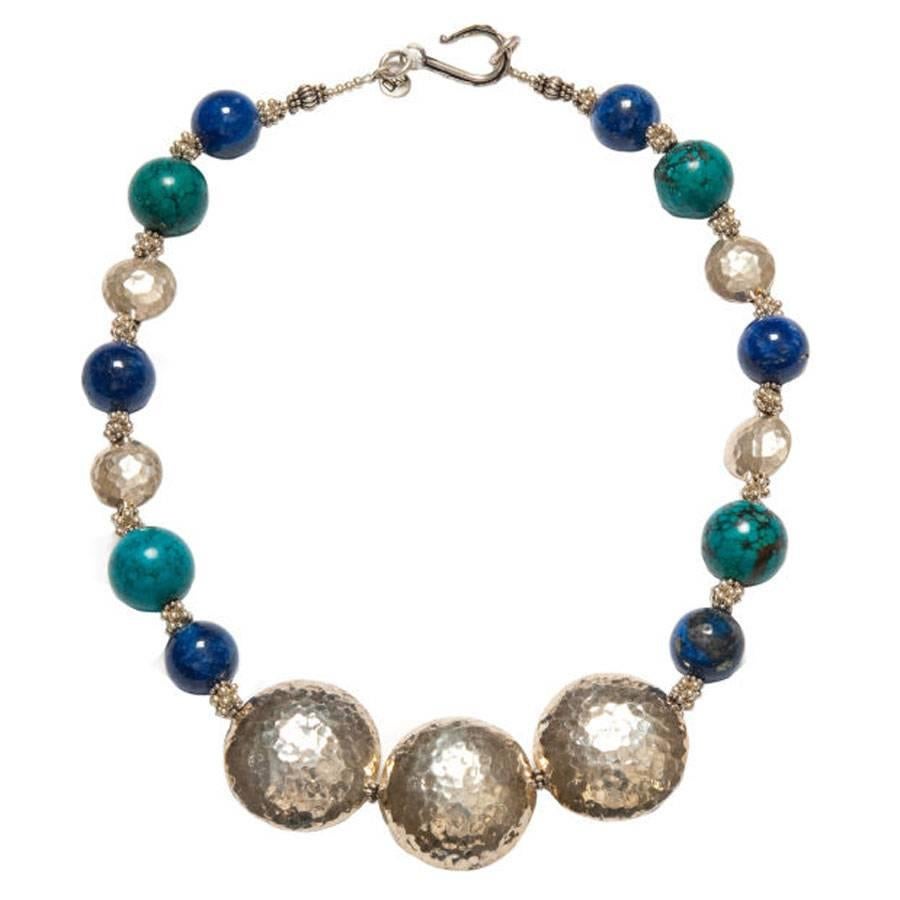 Deborah Liebman Lapis Blue Turquoise Hilltribe and Turkish Silver Necklace For Sale