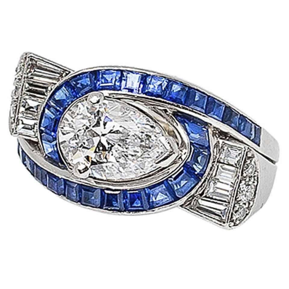 Oscar Heyman Art Deco GIA Cert. 1.39 Ct. D-Color Diamond Sapphire Platinum Ring For Sale