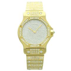 Cartier Yellow Gold Diamond Pave Dial Santos Octagon Wristwatch