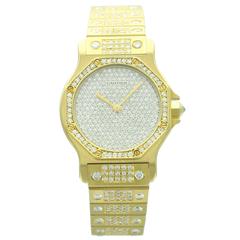 Vintage Cartier Yellow Gold Diamond Pave Dial Santos Octagon Wristwatch