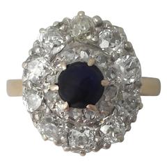 1.02Ct Sapphire and 1.83Ct Diamond, 18k Yellow Gold Cluster Ring - Antique 8