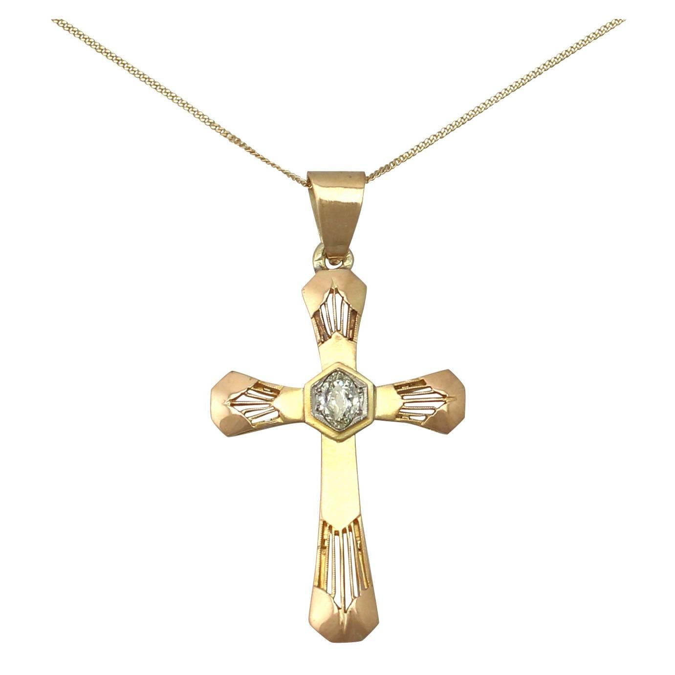 0.35Ct Diamond & 14k Yellow Gold 'Cross' Pendant - Antique German Circa 1930