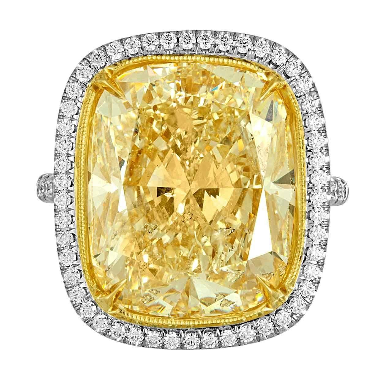 17.18 Carat Cushion Cut Yellow Diamond Gold Platinum Handmade Ring