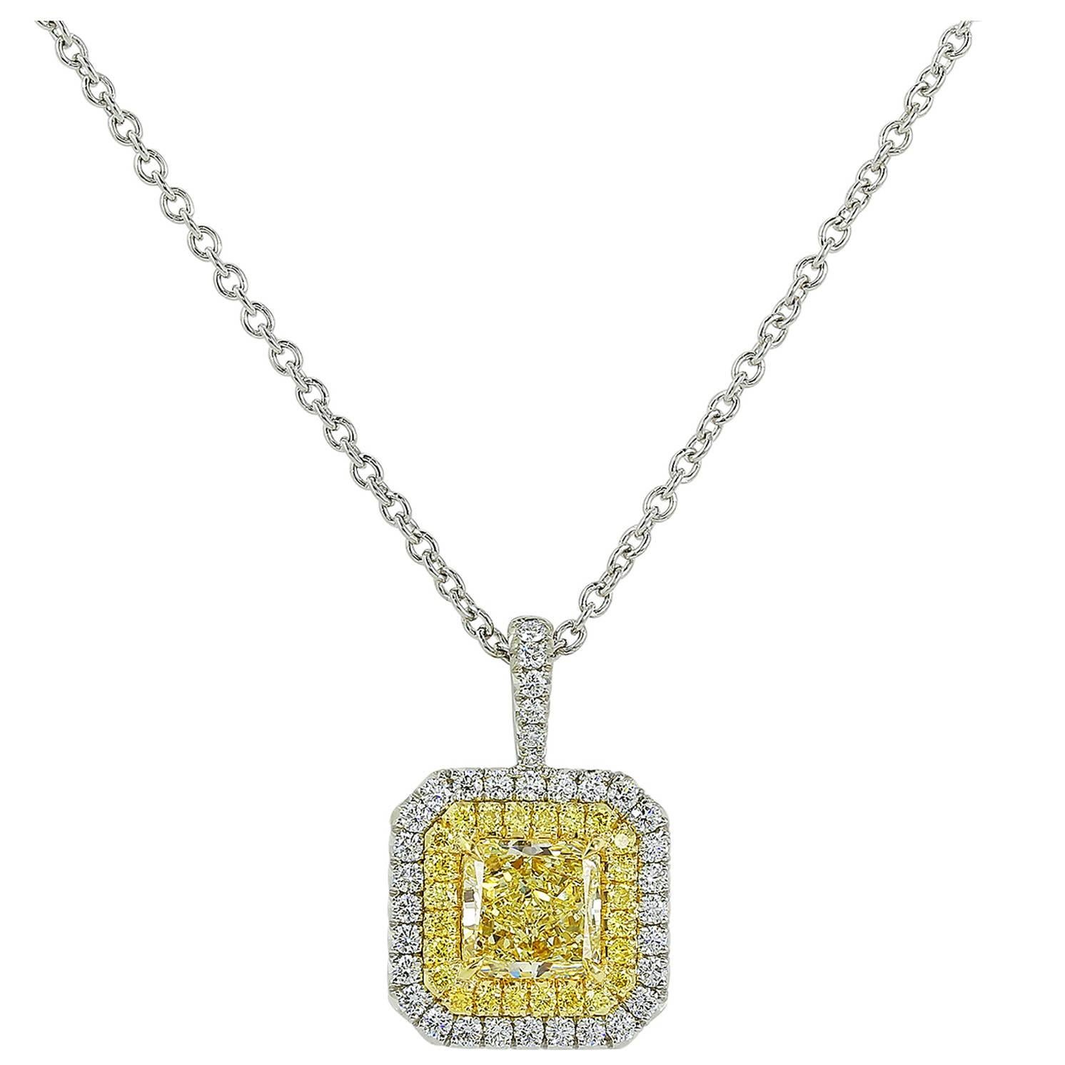 1.41 Carat GIA Cert Radiant Cut Canary Diamond Gold Platinum Pendant For Sale