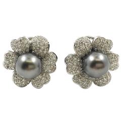 Tahitian Pearl Diamond Gold Flower Earrings
