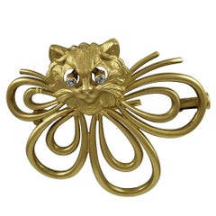 Vintage Cat Brooch Gold with Moving Diamond Eyes