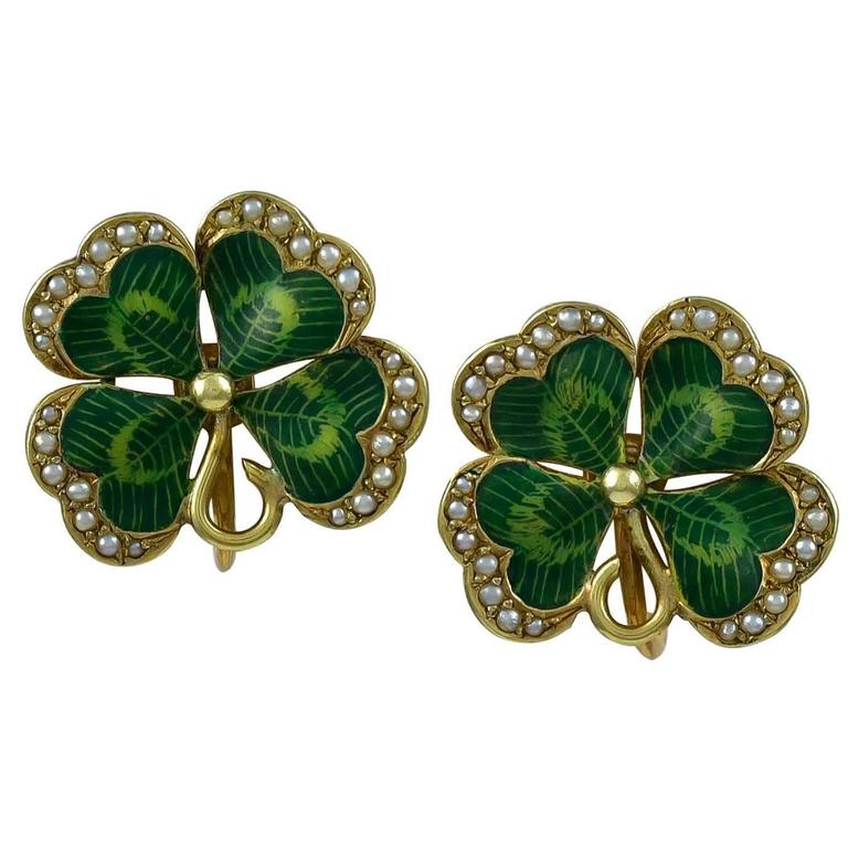 Enamel Pearl Four Leaf Clover Gold Earrings at 1stDibs 4 leaf clover gold earring
