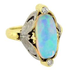 Antique Art Nouveau Mixed Metals Opal Diamond Gold Butterfly Motif Ring