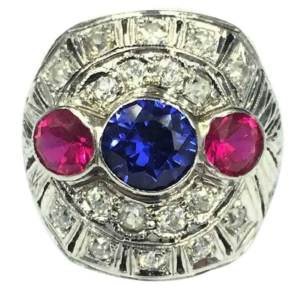 Magnificent Art Deco Ruby, Sapphire, & Diamond on White Gold Filigree Ring For Sale