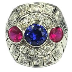 Magnificent Art Deco Ruby, Sapphire, & Diamond on White Gold Filigree Ring