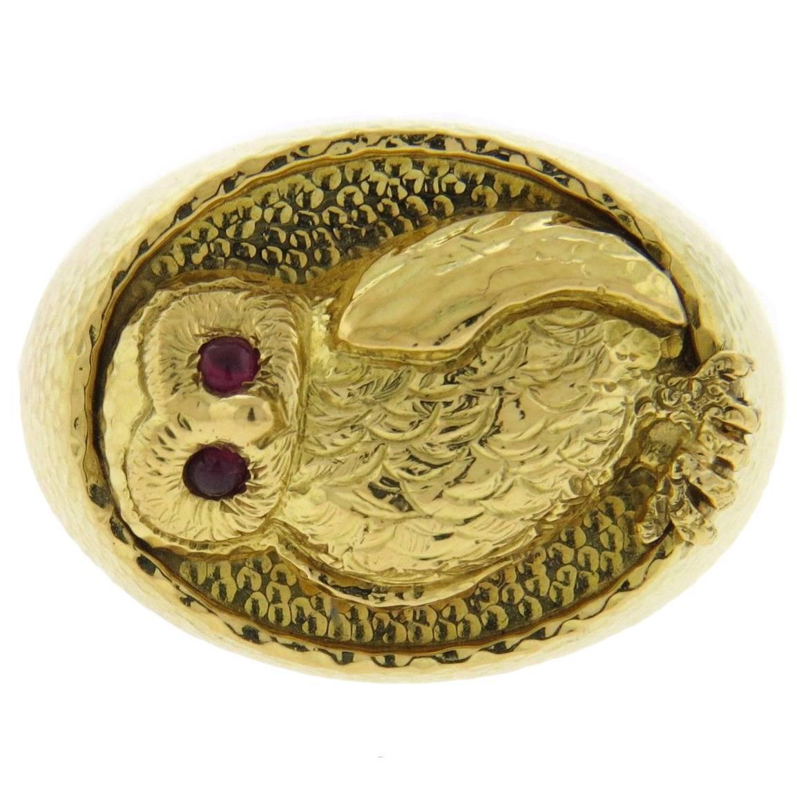 Whimsical David Webb Ruby Gold Owl Ring