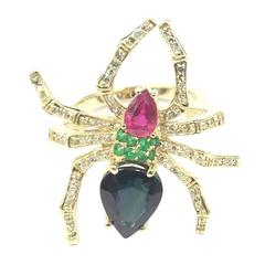 Sensational Ruby Emerald Sapphire Pave Diamond Gold Life Size Spider Ring