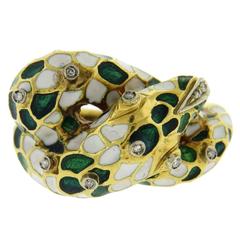 Vintage White Green Enamel Diamond Gold Python Ring