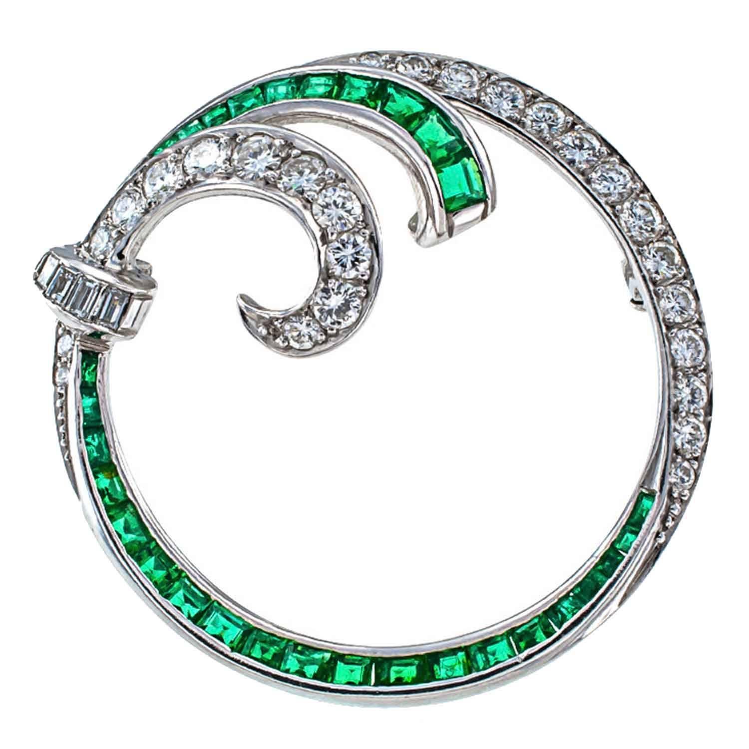 1950 Emerald Diamond Platinum Circle Brooch