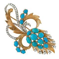 1960s Turquoise Diamond Gold Abstract Brooch