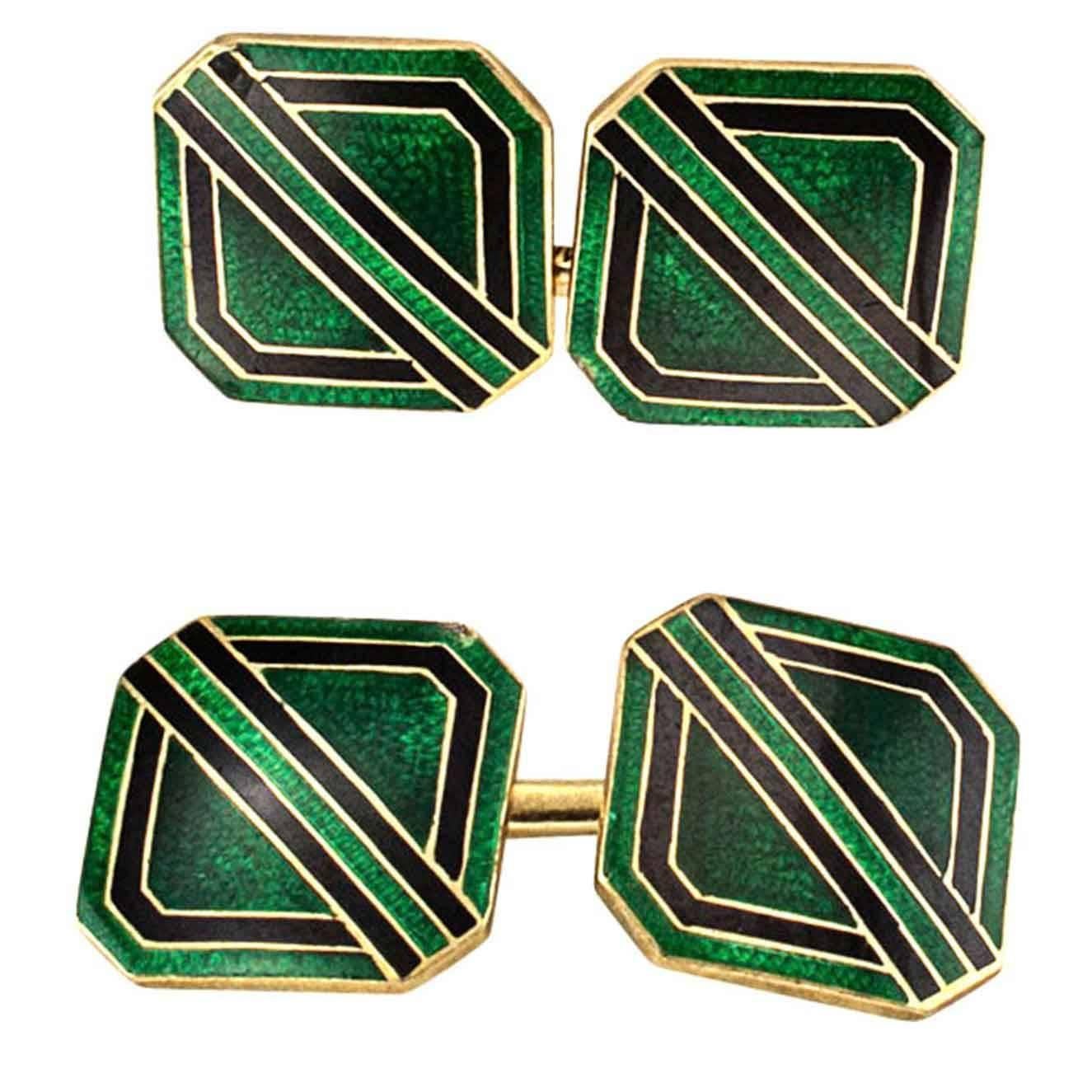 Tiffany & Co. Art Deco Green and Black Enamel Gold Cufflinks 