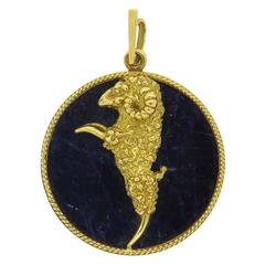 Retro Blue Sodalite Gold Aries Ram Zodiac Pendant