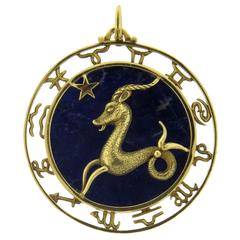 Blue Sodalite French Gold Capricorn Goat Zodiac Pendant