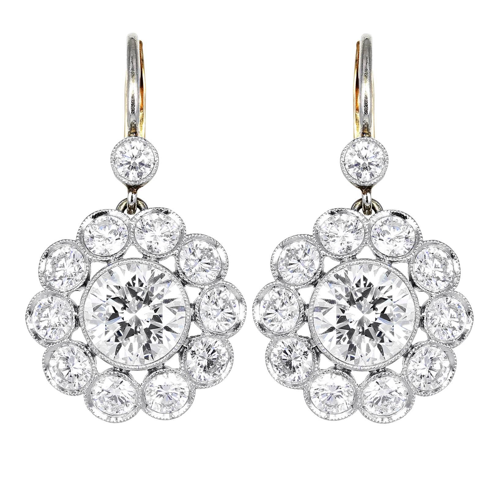 6.18 Carats Diamonds Gold Platinum Cluster Earrings For Sale