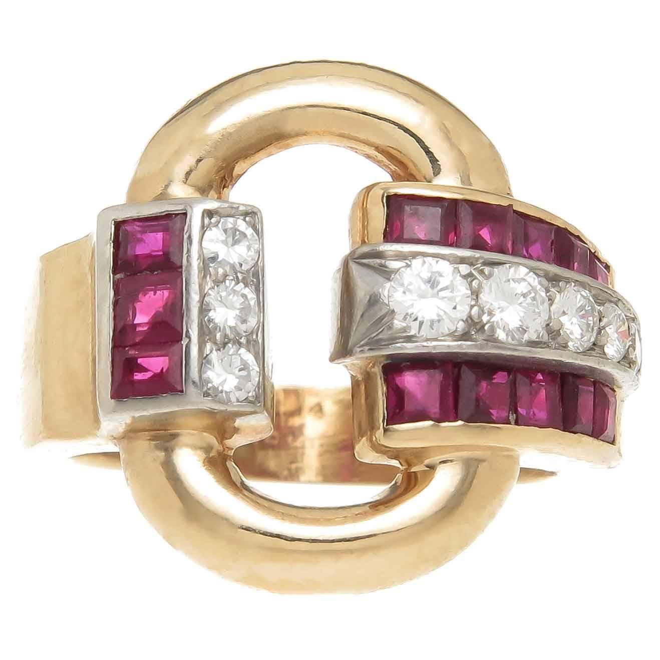 Tiffany and Co. Ruby Diamond Gold Retro Ring For Sale at 1stdibs