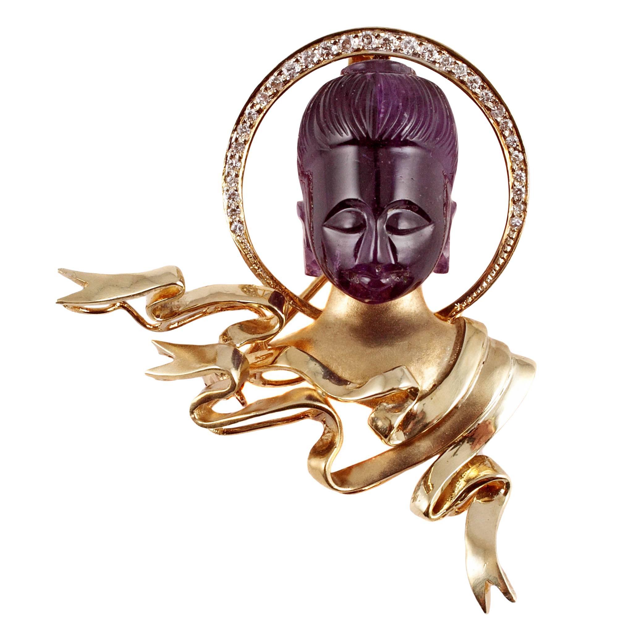 Carved Amethyst Diamond Gold Buddha Enhancer