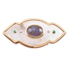 Trianon Yellow Gold Carved Crystal Blue Sapphire Emerald and Diamond brooch