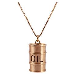 Vintage Yellow Gold Barrel of Oil Pendant with Chain