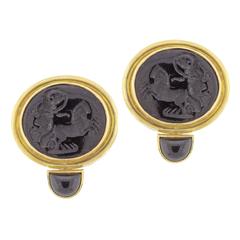Vintage Elizabeth Locke Black Murano Onyx Gold Earrings