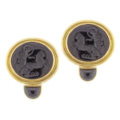 Retro Elizabeth Locke Black Murano Onyx Gold Earrings