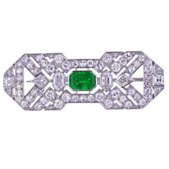Art Deco French Emerald Diamond Brooch