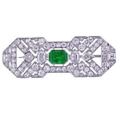 Art Deco French Emerald Diamond Brooch 7