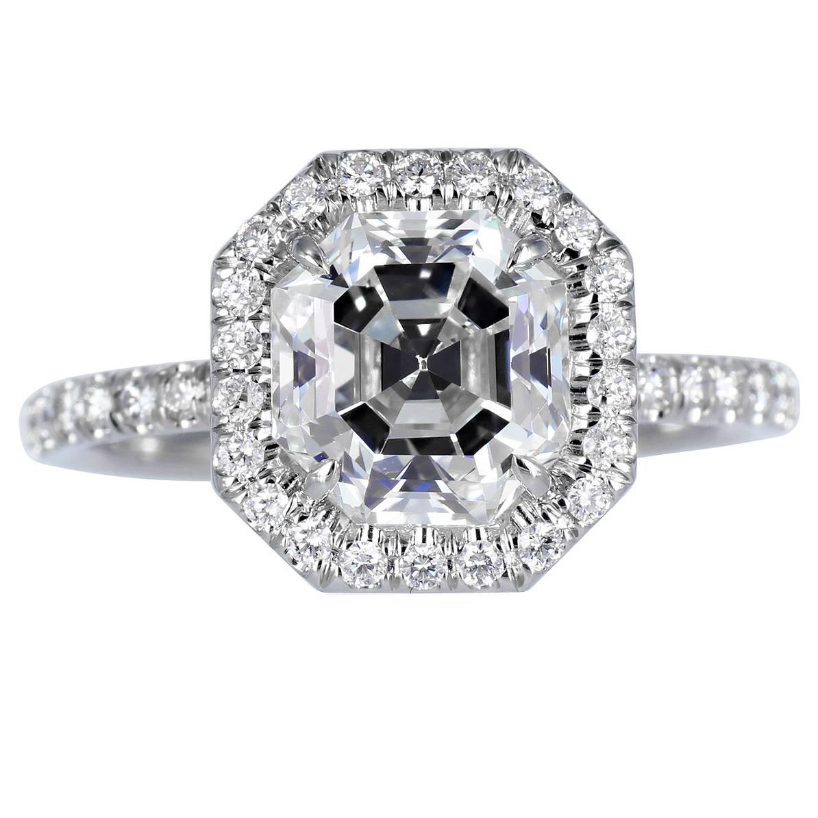 2.37 Carat GIA Certificate Asscher Cut Diamond Platinum Halo Ring For Sale