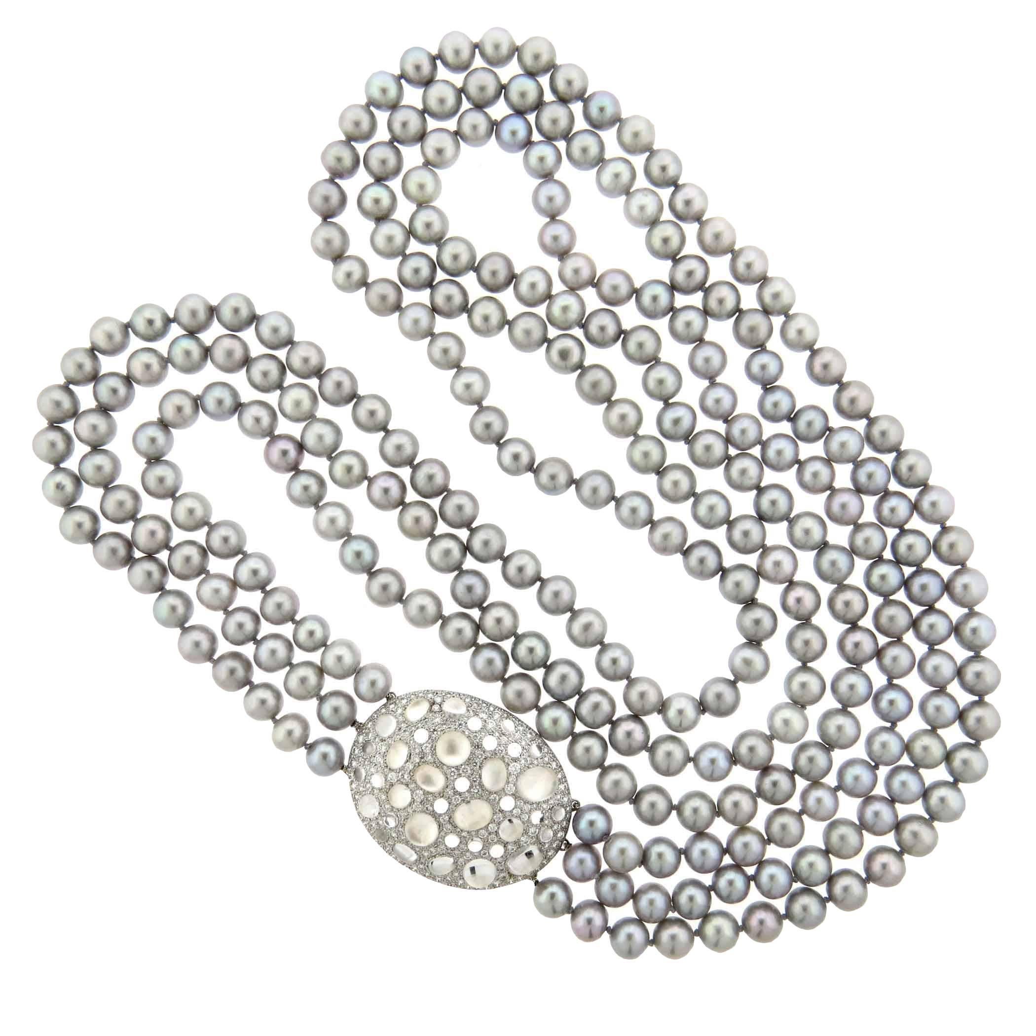 Impressive Ivanka Trump Grey Pearl Diamond Crystal Gold Necklace 