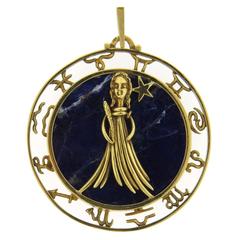 Vintage French Blue Sodalite Gold Virgo Woman Zodiac Pendant