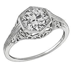 Bague de fiançailles édouardienne en platine avec diamant certifié GIA de 1,38 carat