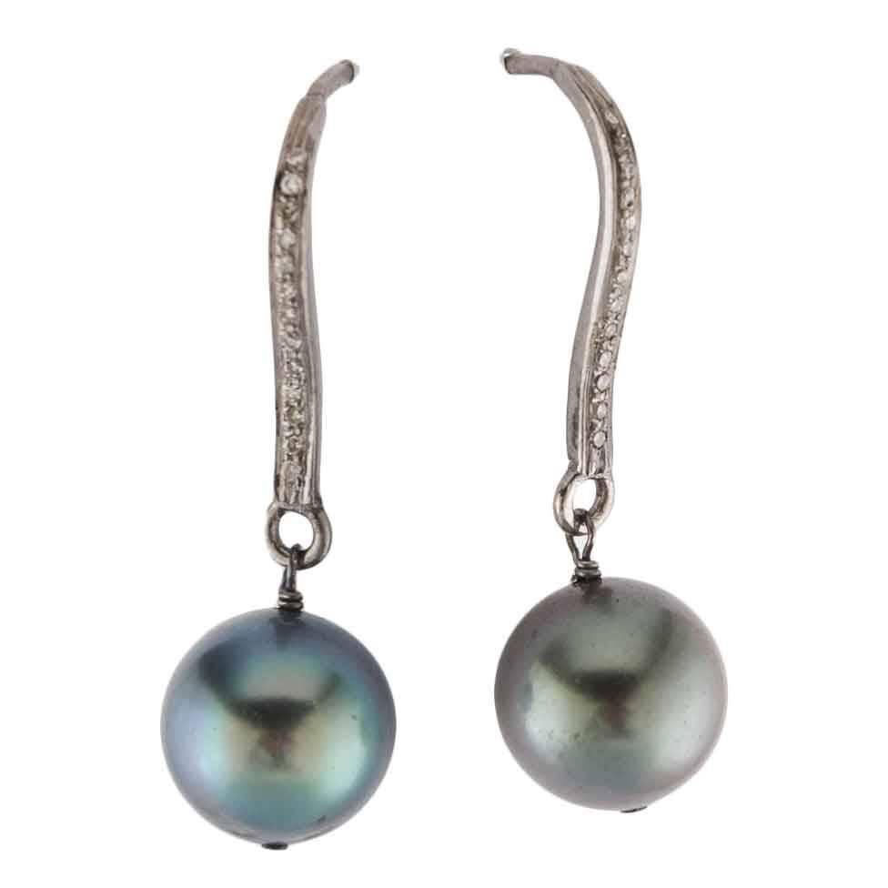 Black Pearl Diamond Silver Drop Earrings