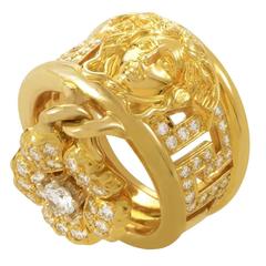 Retro Versace Diamond Gold Medusa Band Ring with Flower Charm