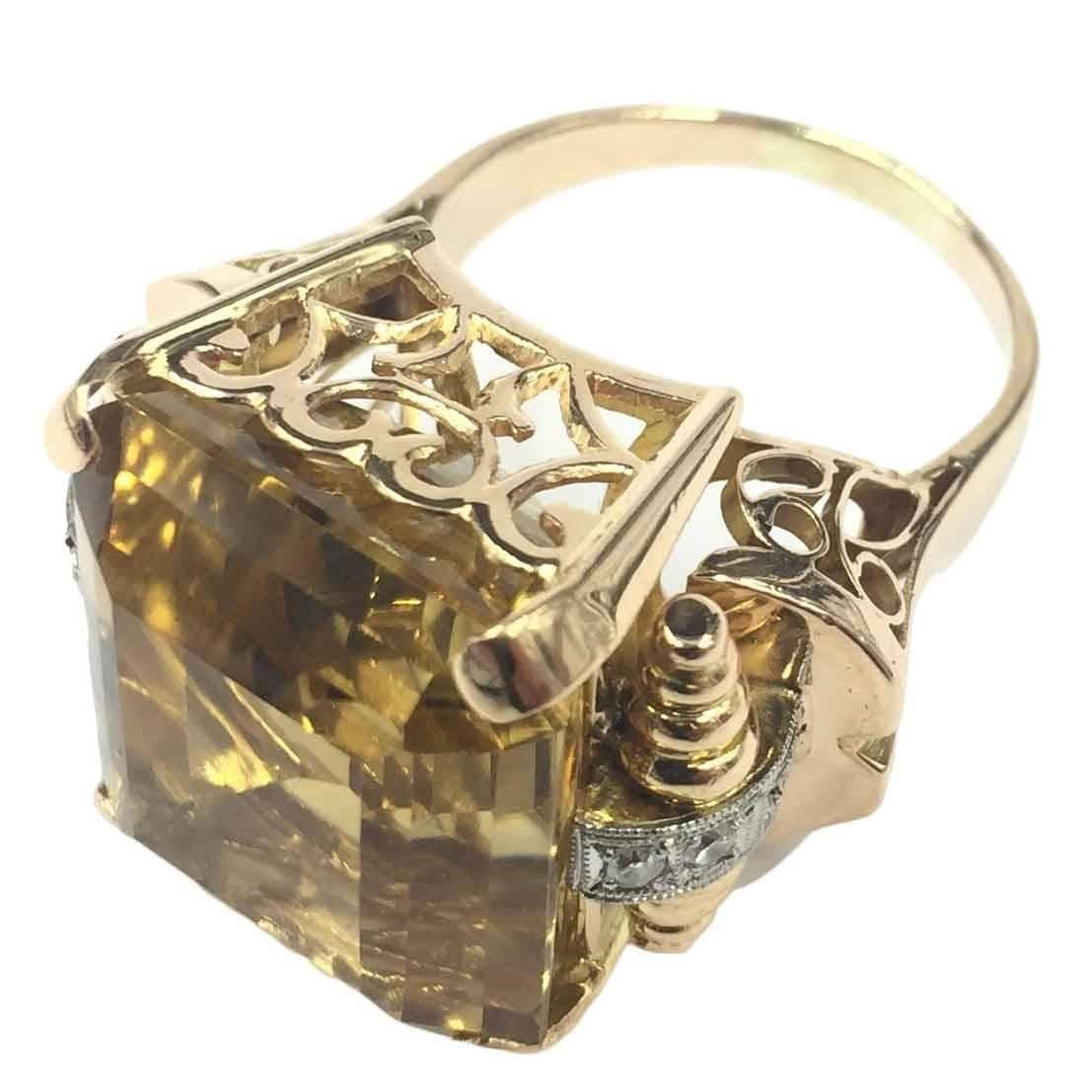 1940s Impressive Retro Rose Gold Citrine and Diamond Ring For Sale