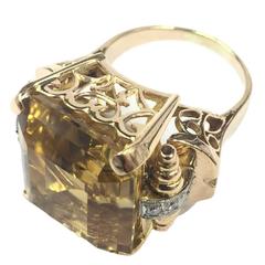1940s Impressive Vintage Rose Gold Citrine and Diamond Ring