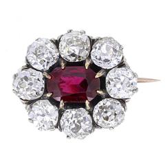 Antique Thai Ruby Old Cut Diamond Silver Gold Brooch 12