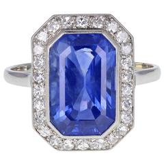 Art Deco Emerald Cut No Heat Ceylon Sapphire Diamond Cluster Ring 6
