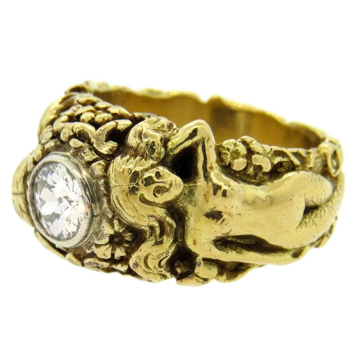 Antique Art Nouveau Diamond Gold Mermaid Ring
